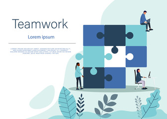 Business concept. Team metaphor. people connecting puzzle elements. Symbol of teamwork, cooperation, partnership.