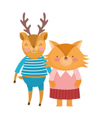 cute deer and fox with clothes cartoon on white background