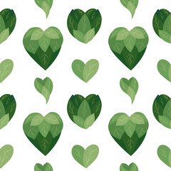Seamless flat pattern with bush hearts from leaves on a white background. Love of nature. Vector natural texture for wallpapers, fabrics and your creativity.