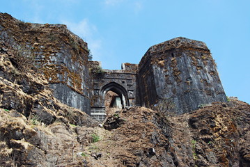 Bale killa of Rajgad fort. This is the highest part of fort which has remains of palaces, water cisterns & caves. It has entrance door called Mahadarwaja.