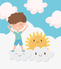 happy childrens day, little boy playing clouds sun cartoon character