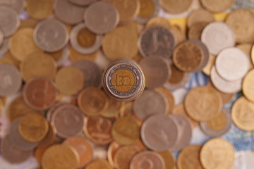 Forint Coins Hungarian currency. In the background coins of different denominations. 100 forint Európe Hungary