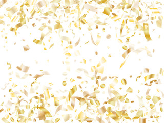 Holiday realistic gold confetti flying on black background.