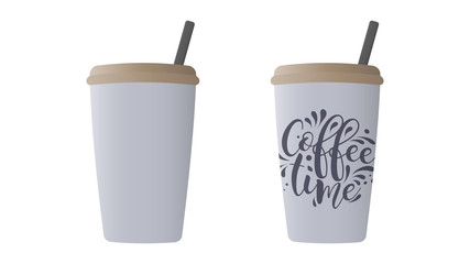 White paper cup with a brown lid for coffee. Realistic vector coffee cup with a beautiful logo. Coffee time. Vector illustration.