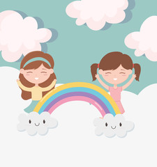 happy childrens day, little girls rainbow clouds celebration cartoon