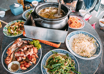 closeup chinese food on the table at restaurant
