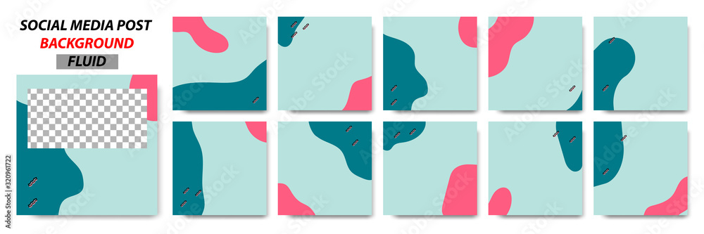 Wall mural set collection of square banner layout template background in green, pink color and memphis dot patt