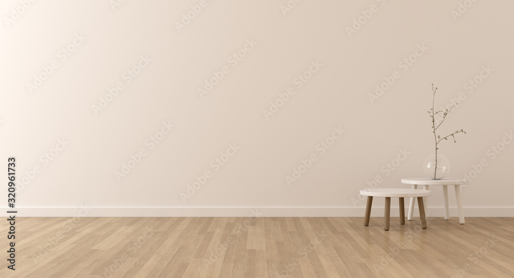 Poster mock-up of living room in minimal style with small round table and plant in glass vase on laminate f