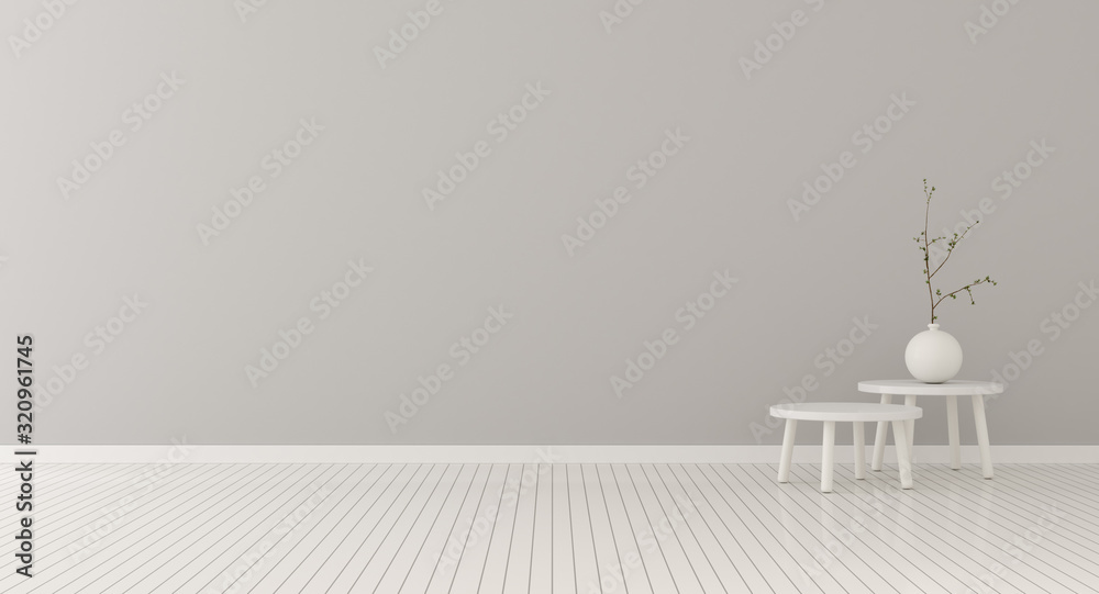 Poster mock-up of living room in minimal style with small round table and plant in glass vase on laminate f