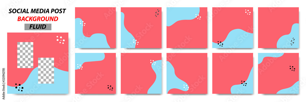 Wall mural set collection of square banner layout template background in blue, red color and memphis dot patter