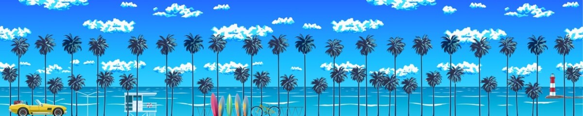Beautiful beach with beautiful palm trees, turquoise ocean water and blue sky with clouds on a sunny day. A natural backdrop for a summer vacation. Surfing beach. EPS 10 vector illustration