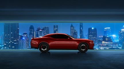 Fototapeta na wymiar Side profile view of a generic red brandless American muscle car
