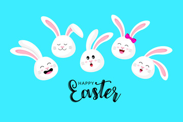 Set of cute bunny face, character design. Easter holiday concept. Vector illustration isolated on blue background.