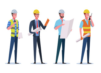 Construction engineer with safety helmet and blueprint. Building industry concept. Professional contractor worker, builder and architect