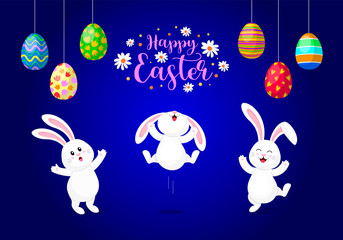 Cute cartoon Easter bunny, character design. Three different poses with Easter egg. Easter holiday concept. Vector illustration isolated on blue background.