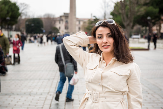 Beautiful woman takes pictures in Istanbul,Turkey