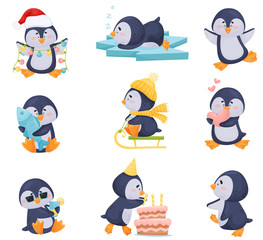 Penguin Character Enjoying Winter Season Vector Illustrations Set