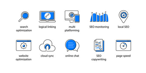 SEO icons set. Search Engine Optimization outline icons collection. Vector illustration.