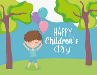 happy childrens day, little boy with balloons celebration trees grass nature cartoon