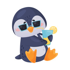 Penguin Character Wearing Sun Glasses and Drinking Cocktail Vector Illustration