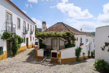 Old streets of a Portuguese town with white houses and tiled roofs