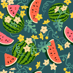 Watermelons, watermelon slices, watermelon leaves and vines, watermelon flowers, watermelon blooms. Seamless background