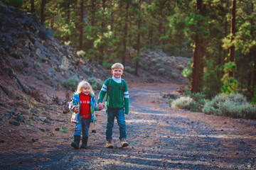 little boy and girl hiking in nature, family travel
