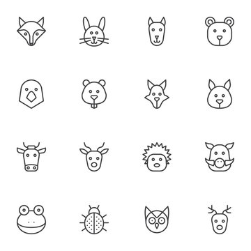 Wild animals line icons set. linear style symbols collection, Animal head outline signs pack. vector graphics. Set includes icons as fox, beaver, dog, pigeon, wild boar, hedgehog, owl, deer, elk