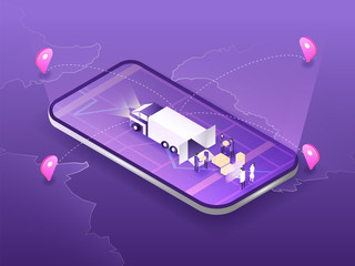 People packaging and sorting the boxes to the truck and using online map in modern landing page for courier website. 3D isometric vector illustration