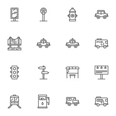 City transportation line icons set. linear style symbols collection outline signs pack. vector graphics. Set includes icons as parking meter, taxi car, train, bus, traffic light, gas station, signpost