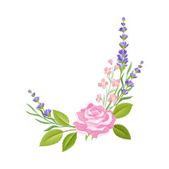 Rose Bud and Lavender Twigs Arranged in Tender Composition Vector Illustration