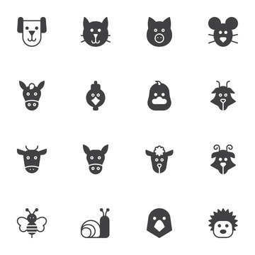 Farm animals vector icons set, modern solid symbol collection, Animals heads filled style pictogram pack. Signs, logo illustration. Set includes icons as horse, rooster, cow, chicken, goat, donkey
