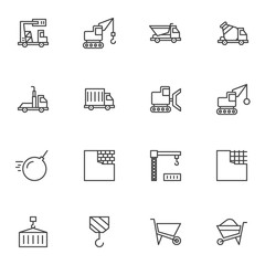 Construction industry line icons set. linear style symbols collection, outline signs pack. vector graphics. Set includes icons as concrete mixer truck, crane, brick wall, wrecking ball crane, trolley