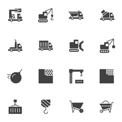 Construction industry vector icons set, modern solid symbol collection, filled style pictogram pack. Signs, logo illustration. Set includes icons as concrete mixer truck, crane, brick wall, trolley