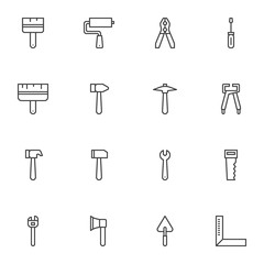 Repair and construction tool line icons set. linear style symbols collection, working tools outline signs pack. vector graphics. Set includes icons as pliers, paint brush, mallet, wrench, screwdriver