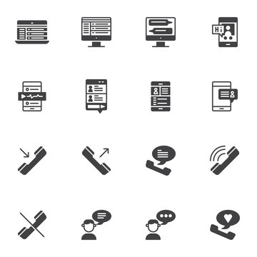 Dialogue conversation vector icons set, modern solid symbol collection, filled style pictogram pack. Signs, logo illustration. Set includes icons as computer forum, mobile chat, audio message, call