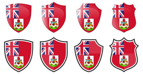 Vertical Bermuda flag in shield shape, four 3d and simple versions. Bermudian icon / sign