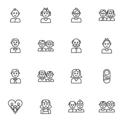 Family members line icons set. linear style symbols collection, outline signs pack. vector graphics. Set includes icons as parents, dad mom baby son, daughter, grandmother and grandpa together, girl