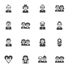Family members vector icons set, modern solid symbol collection, filled style pictogram pack. Signs, logo illustration. Set includes icons as parents, dad mom baby son, daughter, grandmother grandpa