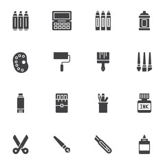 Stationery tool vector icons set, modern solid symbol collection, filled style pictogram pack. Signs, logo illustration. Set includes icons as scissors, office equipment, paintbrush and color palette