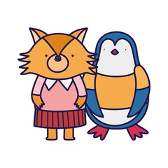 cute penguin and fox with clothes cartoon on white background