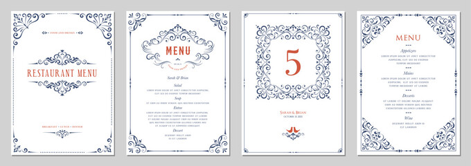 Ornate classic templates set in vintage style. Wedding and restaurant menu. 