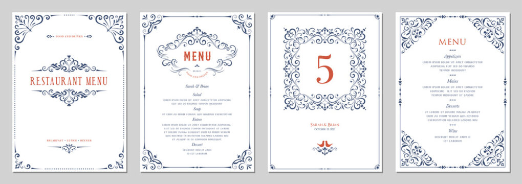 Ornate classic templates set in vintage style. Wedding and restaurant menu. 