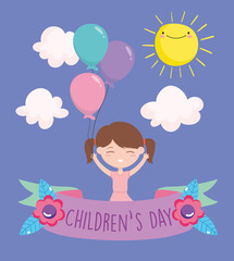 happy childrens day, little girl with balloons celebration party cartoon