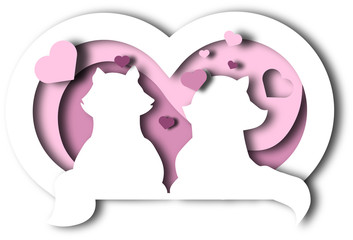 two cats in love are sitting on the beach, admiring the sunset, shadows, Valentine's Day in paper style