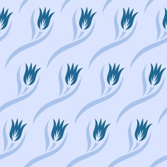 Seamless pattern with tulip flowers and leaves. Summer or spring blue floral ornament. Repeating texture for wallpaper design, textile, wrapping paper. Vector illustration. 