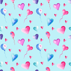 Watercolor seamless  pattern with colorful hearts and ballons on blue background. St. Valentine hearts. Love celebration. Romantic conception. For prints, cards, wrapping paper.