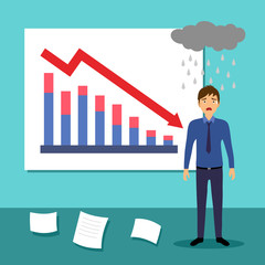 Business failure concept vector illustration. Depressed sad office worker standing under cloud and falling rain. Businessman shocked when business graph falling down. Business crisis and bankruptcy.