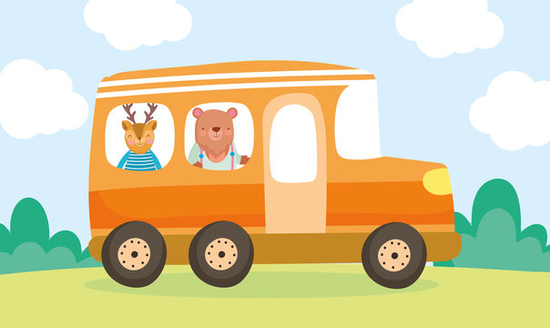 back to school education bear and deer in the bus