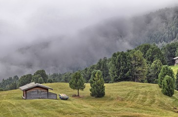 Alpine landscape with typical buildings of South Tyrol, Italy